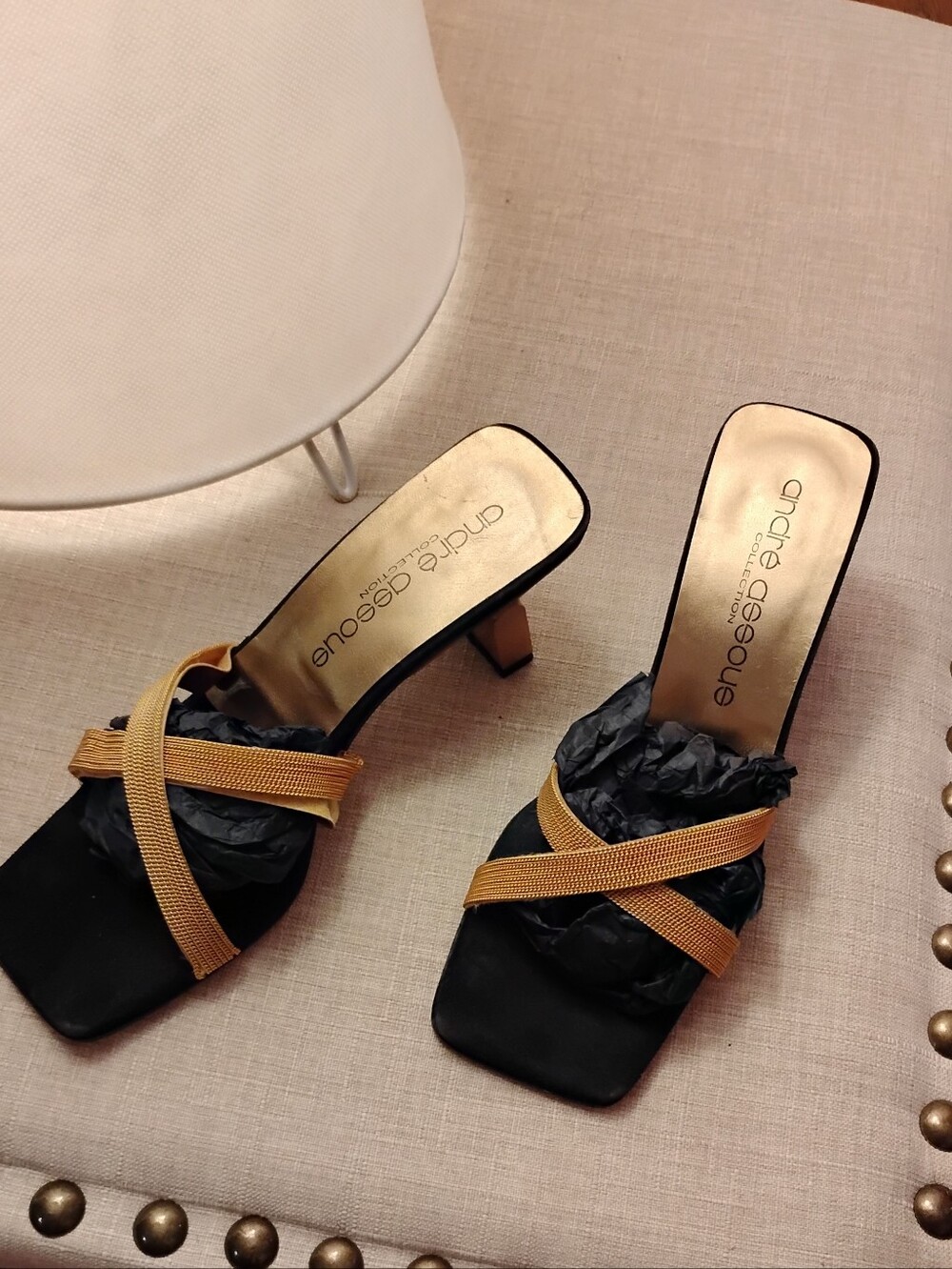 André Assous square-toe heeled mules with Gold Straps.